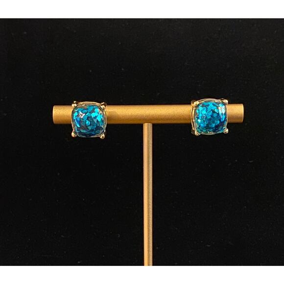 Aqua Blue Glitter Gold Studs Earrings NEW - Picture 1 of 3